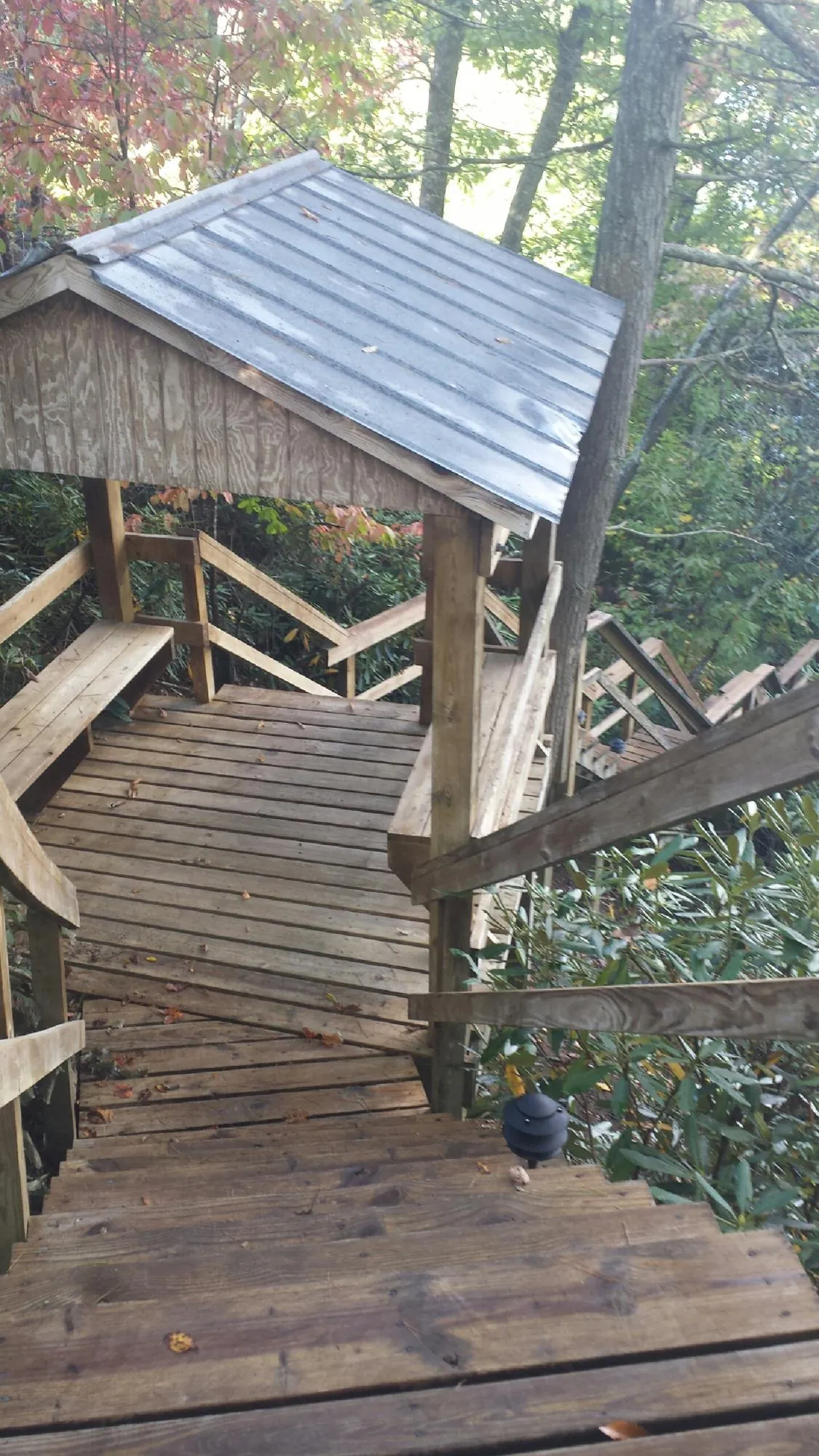Metal roofed shelter over wooden steps on a wooded walkway — Skylight Repair & Installation work by our crew in Shickley